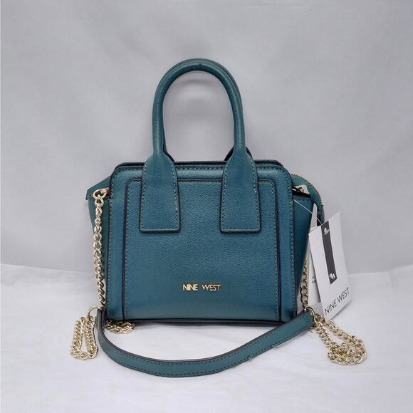 Nine West Women Mini Satchel Crossbody Handbag Teal Green Gold Chain Strap Purse - Picture 1 of 10